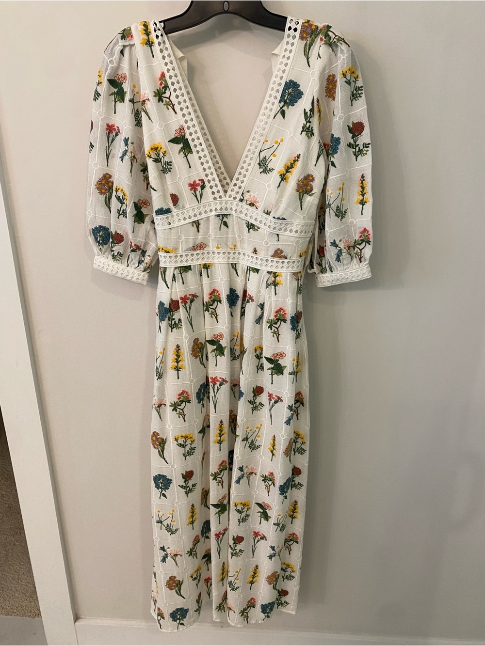 Anthropologie White Floral Embroidered V-Neck Maxi Dress with Multicolor Blooms
